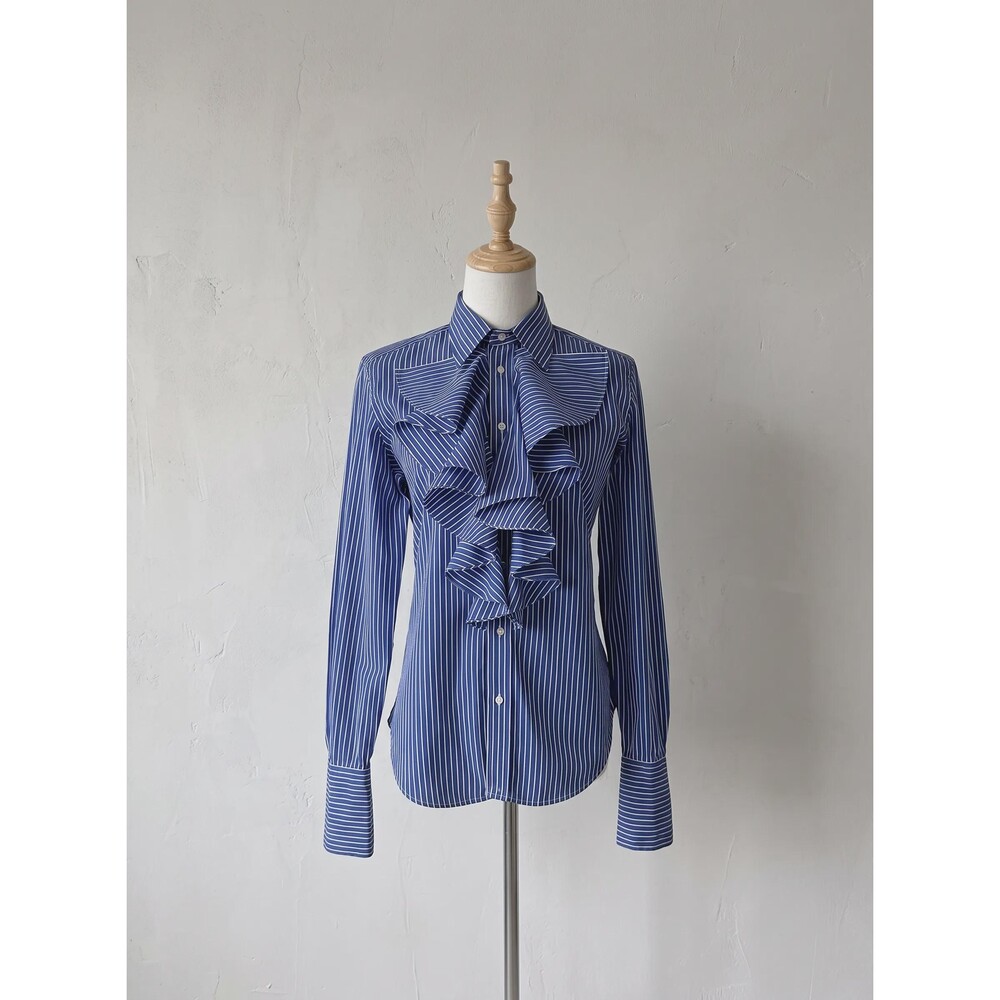 Ralph Lauren Blue Label c. 2000s Ruffle Shirt in Admiral Blue Stripe | 14